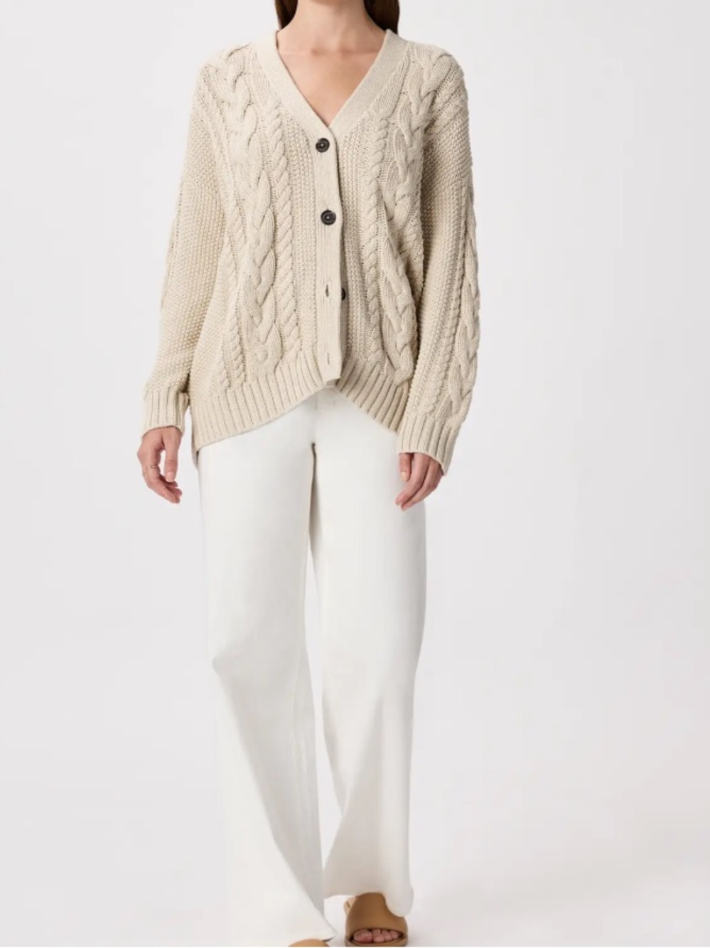 Quince Oversized Cable Cardigan In Ivory Cream Organic Cotton XS Button Front